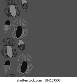 Vertical composition of floral  pattern, doodles,leaves,stylized mushrooms,zigzag,spots, hole, acorn, copy space, seamless  . Hand drawn.