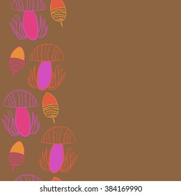 Vertical composition of floral  pattern, doodles,leaves,stylized mushrooms,zigzag,spots, hole, acorn, copy space, seamless  . Hand drawn.