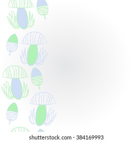 Vertical composition of floral  pattern, doodles,leaves,stylized mushrooms,zigzag,spots, hole, acorn, copy space  . Hand drawn.