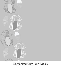 Vertical composition of floral  pattern, doodles,leaves,stylized mushrooms,zigzag,spots, hole, acorn, copy space, seamless  . Hand drawn.