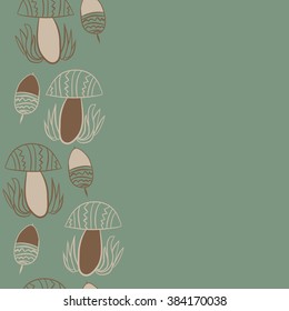 Vertical composition of floral  pattern, doodles,leaves,stylized mushrooms,zigzag,spots, hole, acorn, copy space, seamless  . Hand drawn.