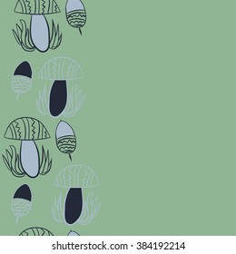 Vertical composition of floral  pattern, doodles,leaves,stylized mushrooms,zigzag,spots, hole, acorn, copy space, seamless  . Hand drawn.