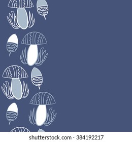 Vertical composition of floral  pattern, doodles,leaves,stylized mushrooms,zigzag,spots, hole, acorn, copy space, seamless  . Hand drawn.