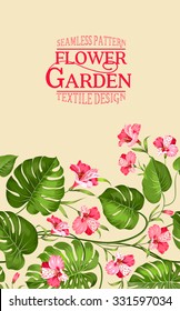 Vertical composition for flower garden card. Invitation vertical card. Floral vertical vintage invitation with red blooming flowers on beige background. Vector illustration.