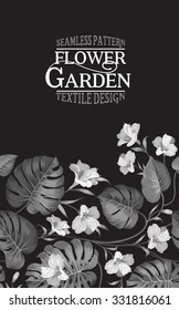 Vertical composition for flower garden card. Invitation vertical card. Floral vertical vintage invitation with white blooming flowers on black background. Vector illustration.