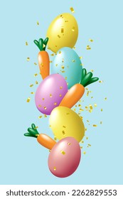 Vertical composition of flying 3D Easter eggs and carrots. Modern template concept for Happy Easter, social media post, web banners, leaflets, certificates and postcards. Vector illustration.