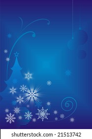 Vertical composition with a fur-tree and snowflakes. On a fur-tree the star burns. Behind a fur-tree there is an ornament from spirals.
