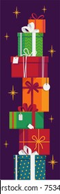 Vertical composition on tall stack of gift and present boxes and packages vector illustration. Ideal for Christmas or birthday web or graphic design