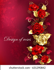 Vertical composition of red and gold jewelry roses with gold leaves on textured background.