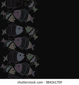Vertical composition of  seamless pattern, doodles, fishes, zigzag,spots, hole, copy space. Hand drawn.