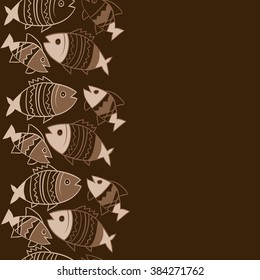 Vertical composition of  seamless pattern, doodles, fishes, zigzag,spots, hole, copy space. Hand drawn.