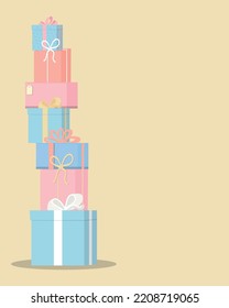 Vertical composition of tower from gifts. Stacked gift boxes in pastel colors. Vector illustration