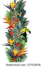 vertical composition of  tropical flowers and exotic bird, flowers, leaves, vines: toucan, Strelitzia, Gloriosa, South America, Central Africa, Southeast Asia and Australia
Monsoon forests, Mangroves