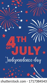 Vertical composition for USA Independence day with title and fireworks. Hand drawn vector sketch illustration