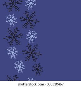 Vertical composition of  winter seamless pattern, doodles,snowflakes, zigzag, hole,  copy space. Hand drawn.