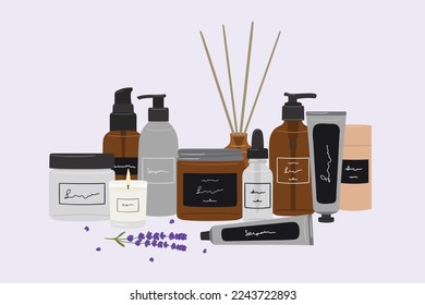 Vertical compositions with organic cosmetic products in bottles, jars, tubes for skin care with lavender. Cleanser, tonner, serum, oil, cream product. Hand draw vector illustration