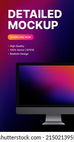 Vertical Computer Mockup for Social Media. Realistic Device Front View with blank Screen. Promo Presentation for New Technology, App, Ui. Vector illustration