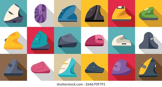  Ícones verticais do mouse do computador definidos. Camundongos ergonômicos de computador em várias formas e cores, promovendo o posicionamento da mão confortável e saudável durante o uso prolongado do computador