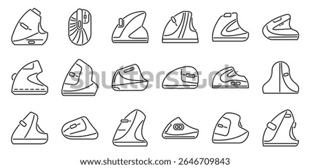  Vertical computer mouse icons set. Ergonomic vertical mice promoting comfortable and healthy wrist posture during computer use, reducing strain and enhancing productivity