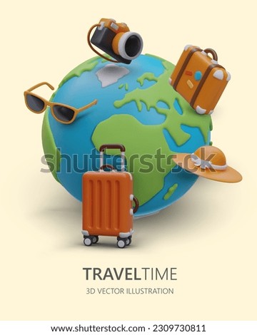 Vertical concept about world travel. Comfortable conditions for tourists. Help with vacation planning. Support in choosing best trip. Advertising offer from agency