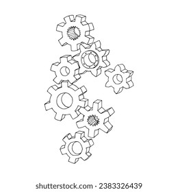 Vertical construction of gears. Vector illustration with black contour lines, isolated on a white background in a doodle style.