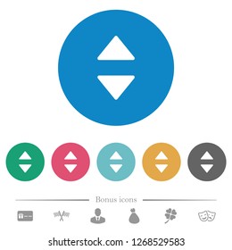 Vertical control arrows flat white icons on round color backgrounds. 6 bonus icons included.
