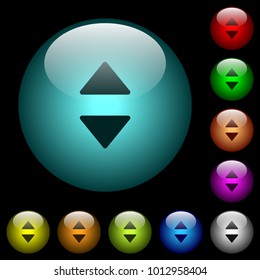 Vertical control arrows icons in color illuminated spherical glass buttons on black background. Can be used to black or dark templates