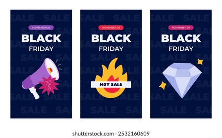 Vertical conjunto legal de histórias para Black Friday Sale com clipart de compras coloridas. Banner escuro para promover venda quente com alto-falante, fogo com letras, diamante brilhante para as mídias sociais.