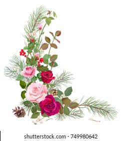 Vertical corner border with red, pink roses, pine branches, cone, holly berry, common snowberry. Design concept for Christmas: flowers, leaves, white background, digital draw, watercolor style, vector