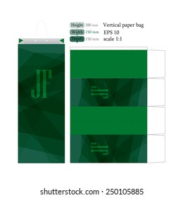 Vertical corporate green paper bag with lines  cutting for printing