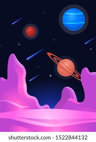 Vertical cosmic planet landscape or surface with craters and comets background flat vector illustration. Science fiction galaxy and universe fantasy banner or flyer.