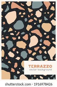 Cubierta vertical con patrón de terrazo y lugar para texto. Diseño de plantilla con fondo abstracto, piedras orgánicas dispersas y formas geométricas irregulares. Ilustración vectorial plana de color