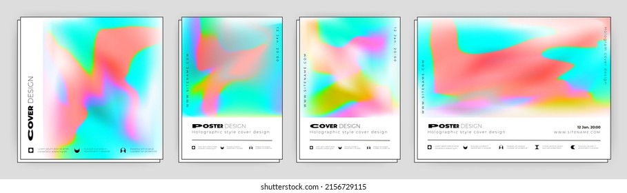 Vertical covers with light holographic gradient meshes. Warm oceanic summer colors. Depth effect. Horizontal poster of the sea with a wave. Bright design, seashore, beach. Vector illustration