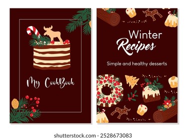 Vertical covers for recipe book. Vector hand drawn templates for winter desserts.