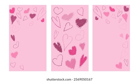 Vertical crayon heart pattern hand drawn with pastel. Valentine story banner. Abstract love frame with charcoal material scribble. 14 February lipstick texture background draw set. Chalk stroke design