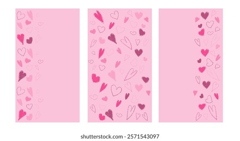 Vertical crayon heart pattern. Valentine stories banner drawn with pastel. Abstract love frame border with charcoal material scratch. 14 February lipstick texture background set. Chalk stroke design