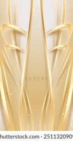 Vertical cream colored background decorated with mesmerizing elegant golden curves and shimmering bokeh. The cover promotes a product in a luxurious style.