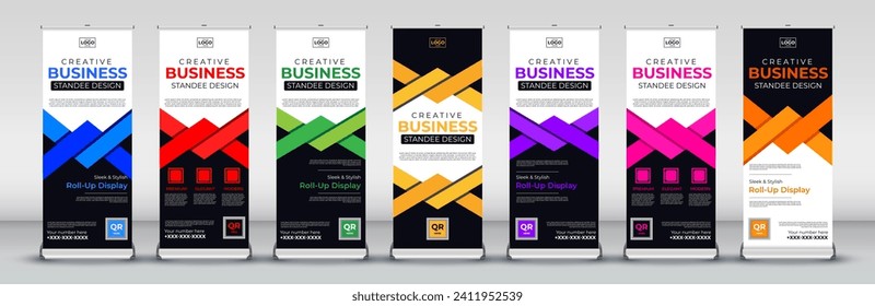 Vertical creative business roll up Banner Signboard Advertising standee print ready Template in red, green, blue, yellow, orange, purple, pink for for events, presentations, meetings