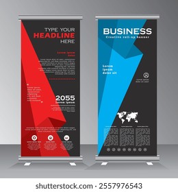 Vertical creative business roll up Banner, Signboard Advertising standee print ready Template in red and blue for for events, presentations, meetings, exhibition, conferance, party, compnay,