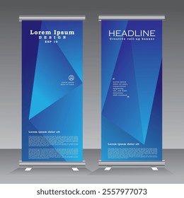 Vertical creative business roll up Banner, Signboard Advertising standee print ready template in blue for for events, presentations, meetings, exhibition, conferance, party, compnay,