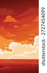 Vertical crimson red sunset over the ocean in anime art style