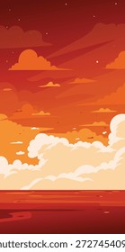 Vertical crimson red sunset over the ocean in anime art style