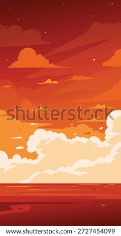 Vertical crimson red sunset over the ocean in anime art style