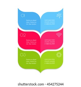 Vertical curved arrow infographic diagram. Isolated connected chart template with 3 separate parts. Paper progress steps for tutorial with three options. Concept of sequence banner. EPS10 layout.