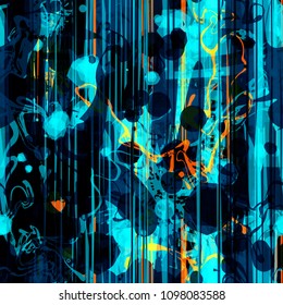Vertical and curved lines, blots mix random. Blue seamless texture with color inclusion. Abstract vector background for web page, banners backdrop, fabric, home decor, wrapping