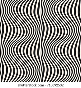 Vertical curved wavy lines pattern. Vector seamless texture with black and white waves, stripes. Dynamical 3D effect, illusion of movement. Modern abstract monochrome background. Stylish repeat design