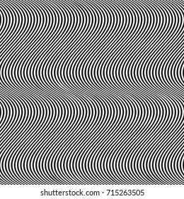 Vertical curved wavy lines seamless pattern. Vector texture with black and white waves, thin stripes. Dynamical 3D effect, illusion of movement. Modern abstract ripple background. Repeat design