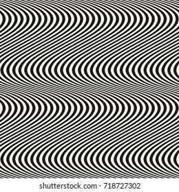 Vertical curved wavy lines seamless pattern. Vector texture with black and white waves, stripes. Dynamical 3D effect, illusion of movement. Modern abstract monochrome background. Funky repeat design