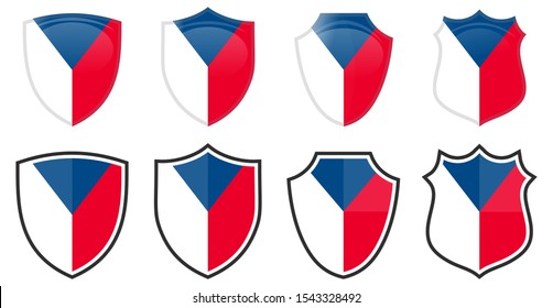 Vertical Czech flag in shield shape, four 3d and simple versions. Czechia icon / sign