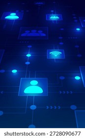 A vertical dark blue digital background featuring glowing blue user profile icons and Wi-Fi symbols connected by network lines in a perspective view, illustrating digital communication.